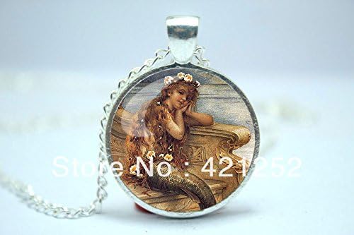 Pretty Lee 2015 Fashion Mermaid Necklace Mermaid Charm With Chain Silver Plate Glass Cabochon Necklace 4 Christmas gift