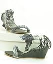 Damen Beinbinder Sandalette Keil Absatz schwarz / wei&szlig;