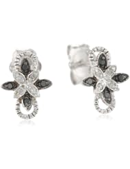 10k White Gold Flower Black and White Diamond Earrings (0.04 cttw, I-J Color, I2-I3 Clarity)