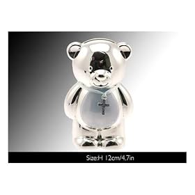 Christening Gift Silver Plated Blue Enamelled Teddy Money Box