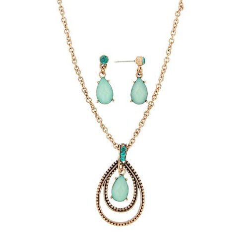 Aquamarine Hued Layered Teardrop Necklace & Earrings Set