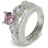 Purple Amethyst Cubic Zirconia Sterling Silver Wedding Ring Set