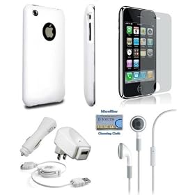 White Polycarbonate Slim Fit Case + Full LCD Reusable Screen Protector + 3-in1 Charger + High Quality Handsfree Earphones with mic and On/off alter for iPhone 3G Incl. DBROTH Microfiber Cleaning Cloth