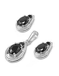 Sterling Silver Elegant Fashion Tear Drop Design Pendant and Earrings Jewelry Set with Black CZ