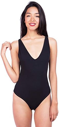 Blue Blush Basic Bodysuit w Low V Neck &amp; Strappy Back (M, Black)