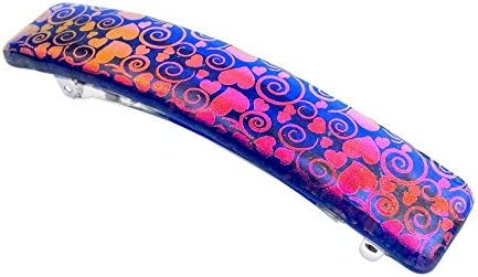 French Barrette, Hair Clip, Royal Blue and Fuschia Pink and Gold Hearts, Metallic Dichroic Glass