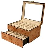 Watch Box Storage Chest for 20 Watches Burlwood Black Wood Finish See Thru Top