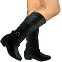 New Womens Black Biker Calf Leather Style Flat Buckle Boots Size 3-8