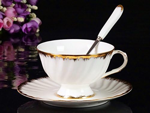 BeiBeiLove Classical Fine Bone China Tea Cup Ceramic Spoon and Saucer Set 7 oz (White)