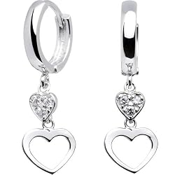 14K White Gold CZ Dual Heart Huggy Earrings