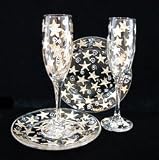 Wishing on the Stars Design - Hand Painted - Matching Set of Toasting Flutes - 6 oz. & 7 inch Cake Plates