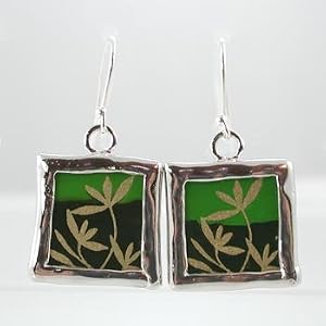 Gold and Green Double Sided Square Leaf Earrings in Sterling Silver, #9150