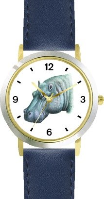 Hippopotamus - JP - African Animal - WATCHBUDDY® DELUXE TWO-TONE THEME WATCH - Arabic Numbers - Blue Leather Strap-Size-Large ( Men