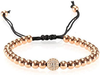 Adjustable Nylon Black Rope String Stainless Steel Bead 6mm and a White Diamond Paved Ball 8mm Bracelet Rose Gold Plated