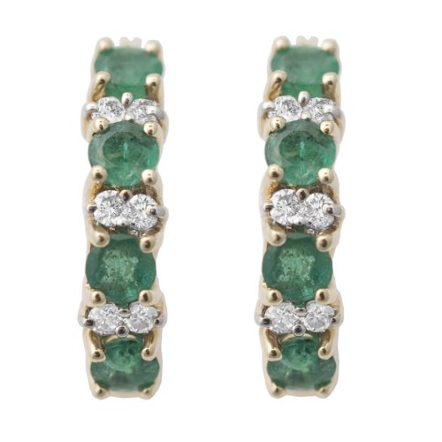14k Yellow Gold Emerald & Diamond Hoop Earrings