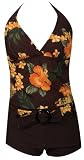 Womens Tankini Boyshorts Swimsuit, Marina West, Brown/Orange Aloha Print
