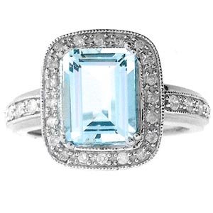 3 1/3 Carat Emerald-Cut Aquamarine & Diamond 14k White Gold Ring