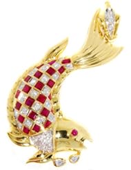 Genuine Ruby Fish Brooch/Pendant Diamond 18K Yellow Gold [I_006]