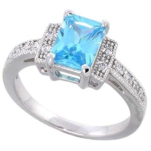 Buy Sterling Silver Vintage Style Engagement ring, w  an 8 x 6 mm (1.5 ct) Emerald Cut Blue... by Sabrina Silver
