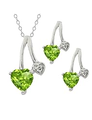 1.87 Ct Heart Shape Green Peridot Gemstone 14k White Gold Pendant Earrings Set