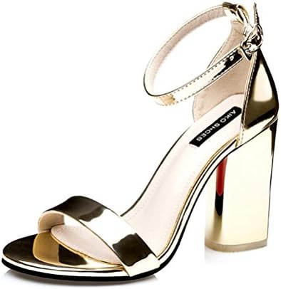 Zensen Woman's Sexy Sparkling Rhinestone Cuff Peep Toe Chunky Heel Ankle Strap Sandals Shoes US 7 Gold