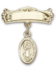 14K Gold Baby Badge with St. Christopher Charm and Arched Polished Badge Pin