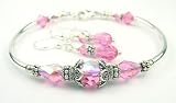 2 Piece Set: Pink Tourmaline October Birthstone Bracelets: Handmade in .925 Sterling Silver with Swarovski Crystal Birthstones