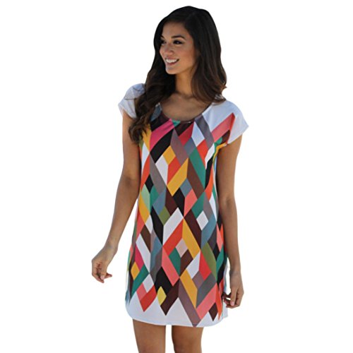 Tenworld Women Round Neck Short Sleeve Mini Dress Printing Party Cocktail