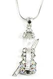 Beautiful Ice and Aurora Borelis Crystal Covered Violin with Bow Charm Necklace Silver Tone