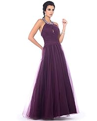 A-line Floor Length Tulle Halter Keyhole Pleated Open-Back Lace Jeweled Dropped   Waistline Prom Dress 