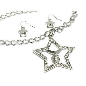 Large Star and Crown ICE Crystal Charm Necklace with Star Earrings Silver Tone