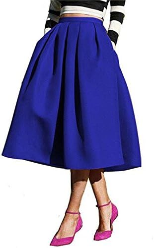 ZeggA Women's High Waisted A line Street Skirt Skater Pleated Full Midi Skirt Blue Tag L