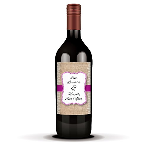6 Wine Labels; Burlap & Lace Love, Laughter & Happily Ever After (Wild Orchid)