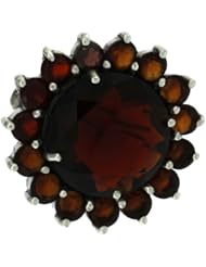 Sterling Silver Marcasite Large Flower Brooch Pin w/ Round Garnet Stones, 1 1/8 in. (29mm)