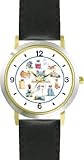 Cartoon Cat Collage Cat - JP - WATCHBUDDY® DELUXE TWO-TONE THEME WATCH - Arabic Numbers - Black Leather Strap-Size-Large ( Men's Size or Jumbo Women's Size )