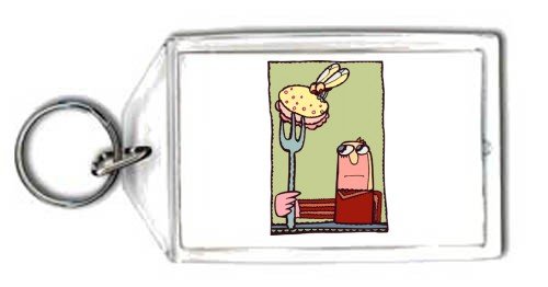 Keychain with man, fork, human, body, eating, individuals, individual, persons, fly, humans, people, hamburger, person