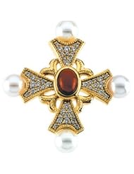 CleverEves 14K Yellow Gold 08.00X06.00 mm 1 2 Ct Diamond, Genuine Garnet Cab And Cultured Pearl Cross Pendant