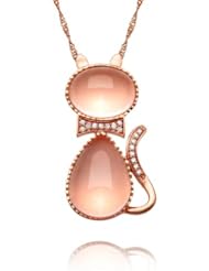 Honeystore Girls Rose Quartz Austria Drill Rose Gold Plated Cat Necklace Color Pink