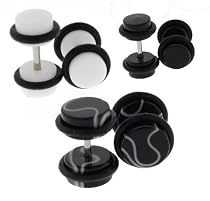 Set of 3 Steel Fake Plugs - White Black and Black Marble - 16g Wire Stud - 8mm Fake Plugs - 3 Pairs