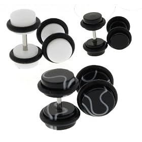 Set of 3 Steel Fake Plugs - White Black and Black Marble - 16g Wire Stud - 8mm Fake Plugs - 3 Pairs