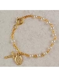 Gold over Sterling Silver, 4mm Pearl Beads Baby Bracelet, Infant Jewlery, Girls Rosary Bracelet, Crucifix Cross & St. Mary Miraculous Medal Charms