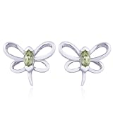 Rhodium Plated Sterling Silver Genuine Peridot Dragonfly Earrings