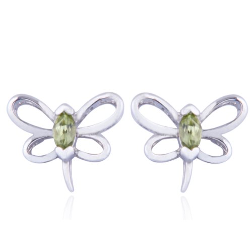 Rhodium Plated Sterling Silver Genuine Peridot Dragonfly Earrings