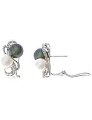 0.25CTW 14K White Gold Genuine Black + White Pearl and Diamond French Clip Earrings