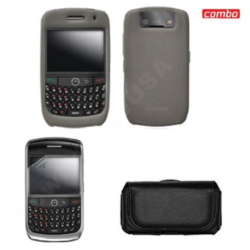 Blackberry Curve 8900 Javelin Combo Trans. Smoke Silicon Skin Case Faceplate Cover + LCD Screen Protector + Black Horizontal Leather Pouch for Blackberry Curve 8900 Javelin