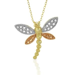 10K Yellow, Rose and White Gold Dragonfly Pendant