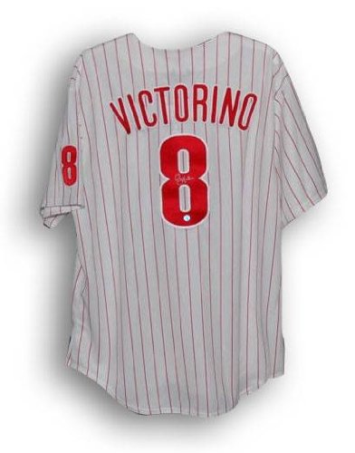 Shane Victorino Autographed/Hand Signed Philadelphia Phillies Pinstripe Majestic Jersey
