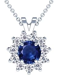 14K White Gold Round Cut Blue Sapphire And Round Diamond Pendant (GIA Certificate)