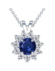 18K White Gold Round Cut Blue Sapphire And Round Diamond Pendant (GIA Certificate)