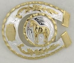 Horseshoe Shaped Standing Horse German Silver Belt Buckle  3-1/2" x 3 "